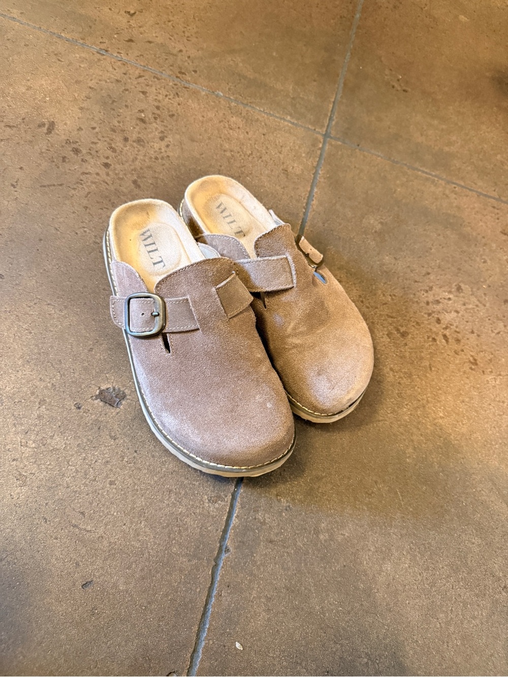 Women’s Suede Slip-On Clog with Buckle - Tan